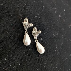 Vintage Silver Rhinestone Pearl Drop Earrings